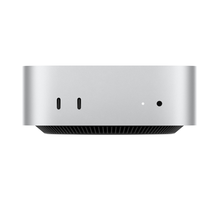 Apple Mac mini con diseño compacto en color plata visto de frente