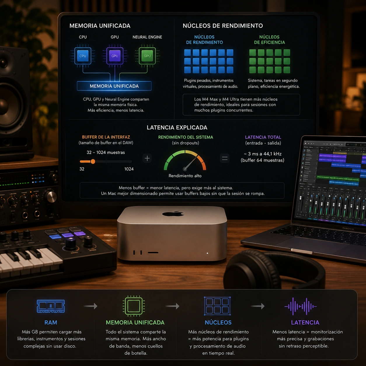 RAM y memoria unificada para Mac para producción musical — comparativa M4 Pro Max Ultra